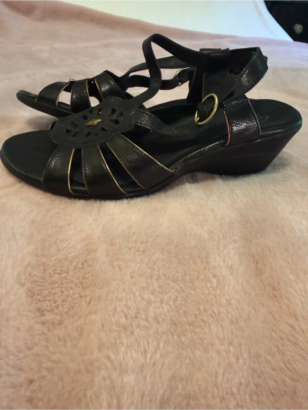 Clarks Black Leather Cutout Slingback Sandals with Gold Buckle